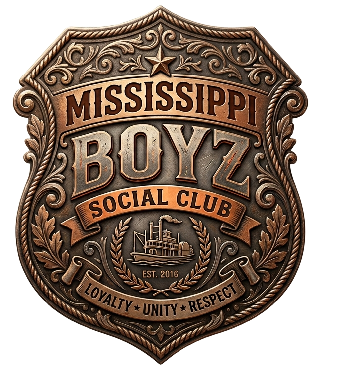 Mississippi Boyz Social Club official crest with steamboat, laurels, and the words Loyalty, Unity, Respect